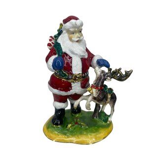 3” Hand Painted Enameled Santa Reindeer Christmas Trinket Box Collectible